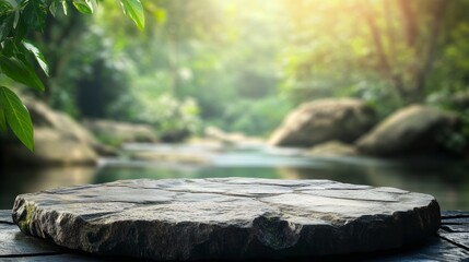 Stone Display Table with Blurred Jungle and River Background