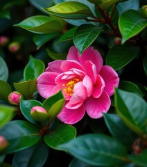 Delicate pink camellia blossom nestled in vibrant green foliage, image, bud, botanical