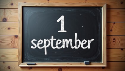 Chalkboard displaying "1 September" against wooden background  