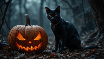 a sleek black cat with glowing eyes