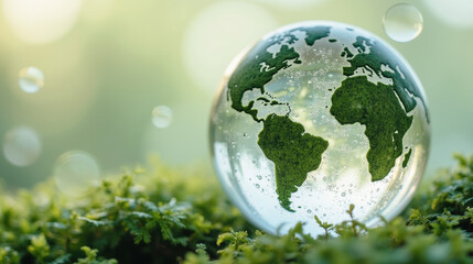 glass globe with green map of world sits on lush moss, symbolizing environmental awareness and sustainability