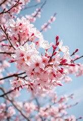 Obraz premium Full bloom sakura tree, delicate pink and white petals against a clear sky, garden, white flowers