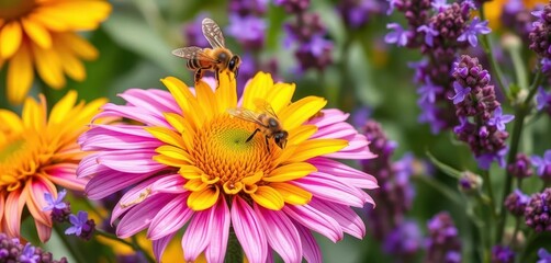Golden bee swarm encircles vibrant purple lavender sunflowers, insect, sunlight