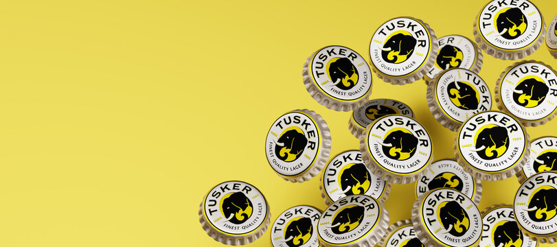 Guilherand-Granges, France - April 03, 2025. Tusker beer, a Kenyan pale lager brewed since 1922, known for its crisp taste and African roots. 3d render.