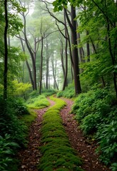 Obraz premium Misty forest path winds uphill through lush, green foliage, fog, fairytale, ecology