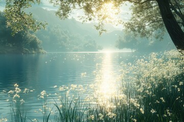 Obraz premium Serene morning light reflecting on a tranquil lake surrounded by lush greenery and flowers