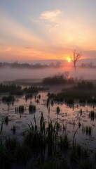 Obraz premium Misty spring swamp at sunset, tranquil water reflects sky, peaceful, fog