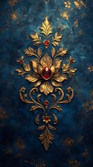 Ornate Gold Floral Motif with Red Gemstones on Textured Blue Background