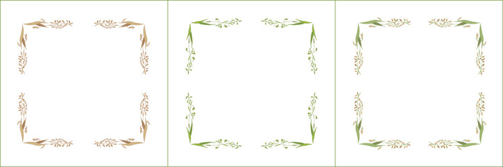 Set of three elegant green and brown ornamental frame with cereal spikelets, oat ears, grass seeds, decorative border. Isolated vector illustration.	

