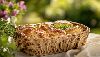 beautiful basket of freshly baked pastries garnished with herbs, perfect for picnic