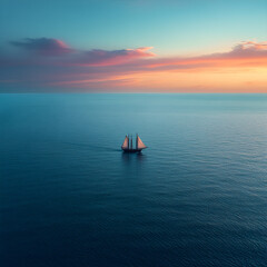 Endless Journey: A Lone Vessel Navigating the Vast Ocean at Sunset, Capturing the Spirit of Adventure and Discovery on the Open Seas