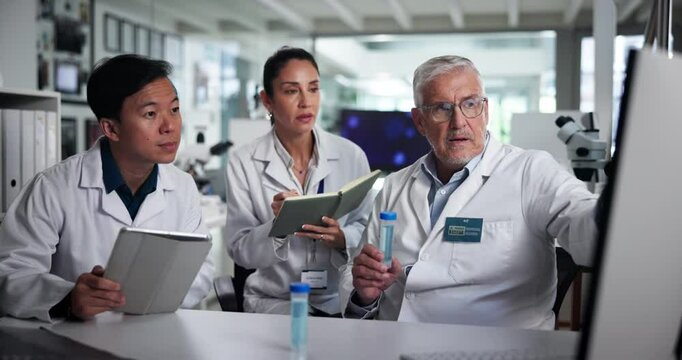 Tablet, scientist or group with sample, lab and quality control for drug research or innovation. Healthcare, medical tech or team with treatment in clinic, pharmaceutical or people with test tube
