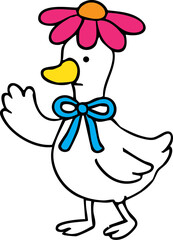 Obraz premium cartoon goose with pink flower hat and blue bow tie waves cheerfully