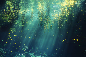 Fototapeta premium Sunlight beams illuminate underwater plants and fish in a clear aquatic scene