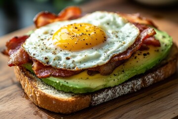 Delicious breakfast: fried egg, crispy bacon, and avocado toast
