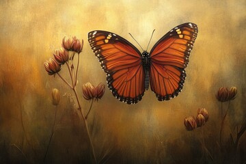 A vibrant orange butterfly with black markings rests gracefully amidst muted brown wildflowers, a serene autumnal scene.