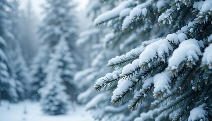 Snow Covered Pine Tree Branch in a Tranquil Winter Forest