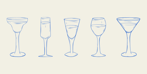 A set of vintage hand-drawn summer cocktails. Vector illustration.