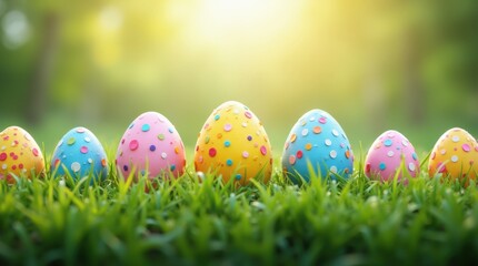 Fototapeta premium A vibrant Easter egg hunt scene featuring colorful decorated eggs nestled in lush green grass