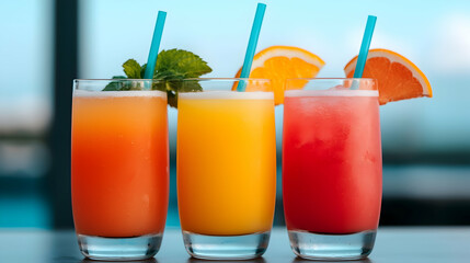 Three Colorful Cocktails with Fruit Garnishes