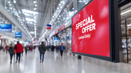 Digital display with "Special Offer" sign attracts attention in a bustling shopping mall. Blurred background shows people walking, emphasizing lively shopping environment.