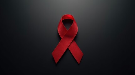 A minimalist composition showcasing a single vibrant red awareness ribbon against a dark matte background