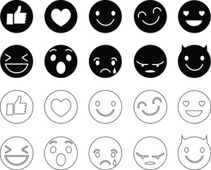 set of vector cute social media positive Emoji faces thumbs up, heart, care, smile, crying laughing, smiling face with heart-shaped eyes icons Happy smiley face or emoticon with transparent background