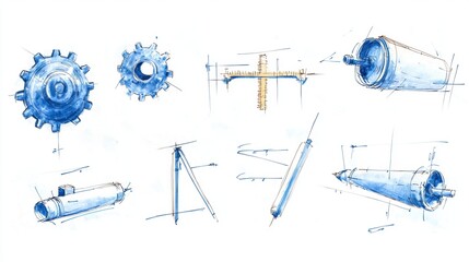 A series of technical sketches featuring various mechanical components, including gears, tubes, and a tripod, illustrated in blue ink.