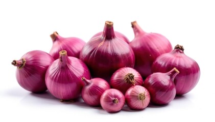 Several red onions, various sizes, stark white background, produce, close-up, clean
