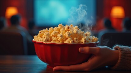 A visually striking scene featuring a person holding a red bowl brimming with popcorn