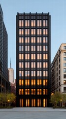A modern black building with illuminated windows stands tall against a clear sky, showcasing sleek architecture in an urban environment.