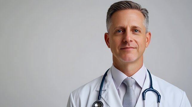 Confident Professional Medical Portrait of Male Doctor in White Coat with Stethoscope