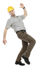 Construction worker with yellow helmet losing balance and trying to avoid falling