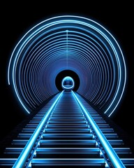 Hyperloop infrastructure development visuals, Futuristic tunnel with glowing blue light and railway tracks. Hyperloop construction site, next-gen transport system