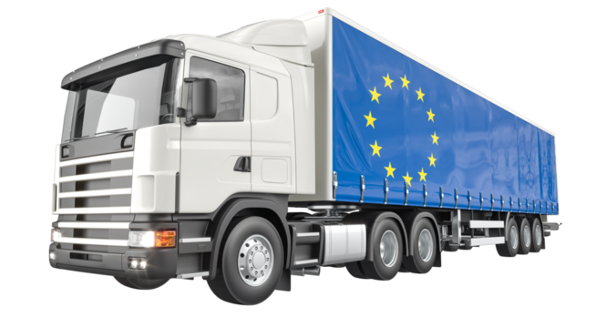 European cargo delivery represented by white semi truck carrying eu flag