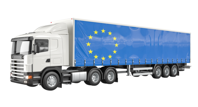 Cargo delivery across europe with semi truck displaying european union flag