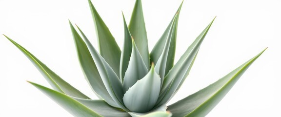 Fototapeta premium A single aloe vera plant, leaves splayed, isolated on pure white , monochrome, macro, white background