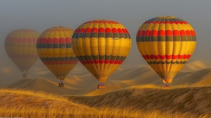 Naklejka premium Serene Hot Air Balloons over Golden Dunes at Dawn