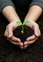 Soil-filled hands nurturing a delicate green sprout, symbolizing growth and sustainability