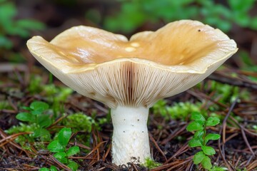 Close-Up Photograph of a Porcini Mushroom on a Forest Floor Surrounded by Greenery