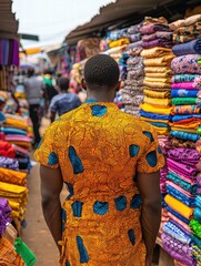 Fototapeta premium A man in a vibrant, patterned outfit walks through a colorful market filled with textiles and fabrics.
