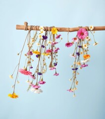 Delicate dried flower garland hangs from rustic wooden dowel against pale blue backdrop, minimalist, simple