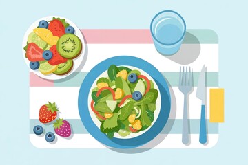 Healthy breakfast with salad and fruits on a colorful table  