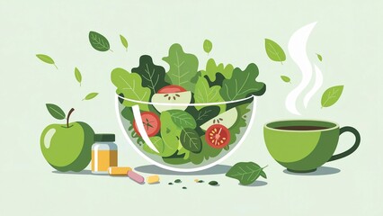 Fresh salad bowl with apple and steaming tea on green background  