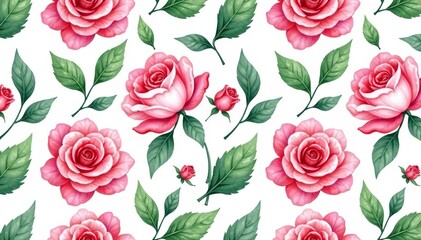 Delicate watercolor roses, leaves, seamless repeat, vintage, background