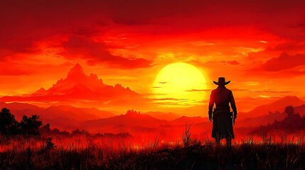 Lone cowboy silhouetted against a fiery sunset over a vast, mountainous landscape