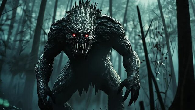 Scary monster with glowing red eyes walking in dark forest