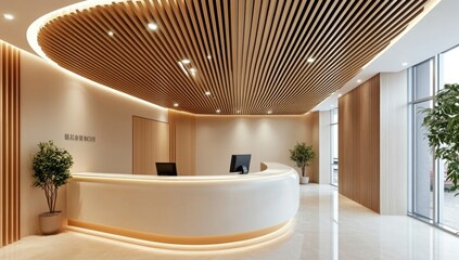 Modern reception area with curved desk, wooden ceiling, and city view