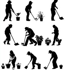 Silhouettes of People Gardening and Cleaning Plants