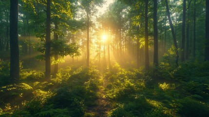 Obraz premium Sun shines through trees, illuminating a forest floor covered in green ferns. Warm, serene, and natural
